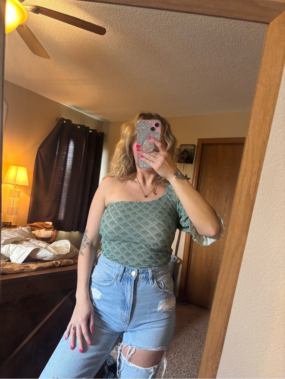 Willow & root One-Shoulder Green Patterned Women’s Top small - Picture 3 of 5